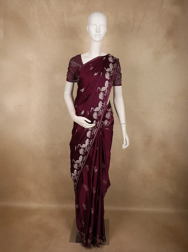 Burgundy Birds Woven Design Semi Banarasi Saree With Self Border 1