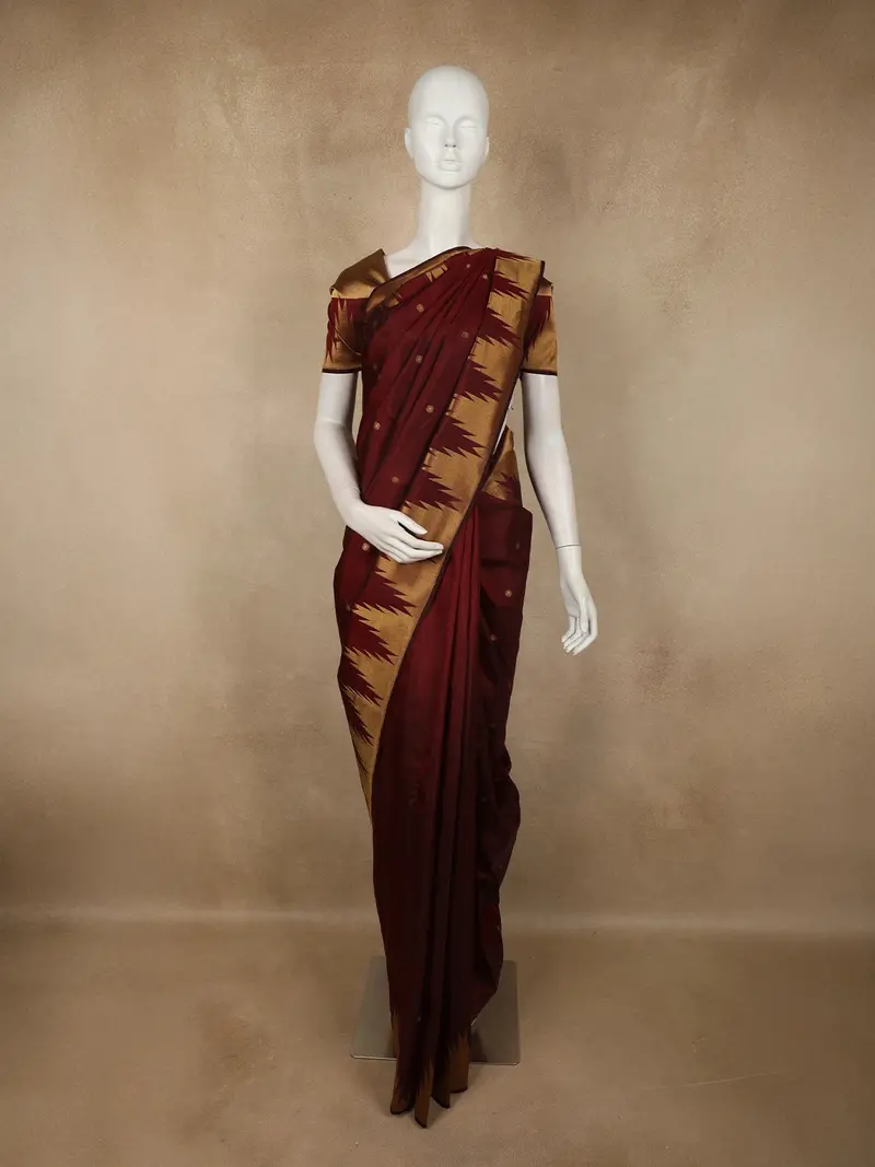 Burgundy Butta Woven Design Pure Kanchipuram Silk Saree With Temple Zari Border 1