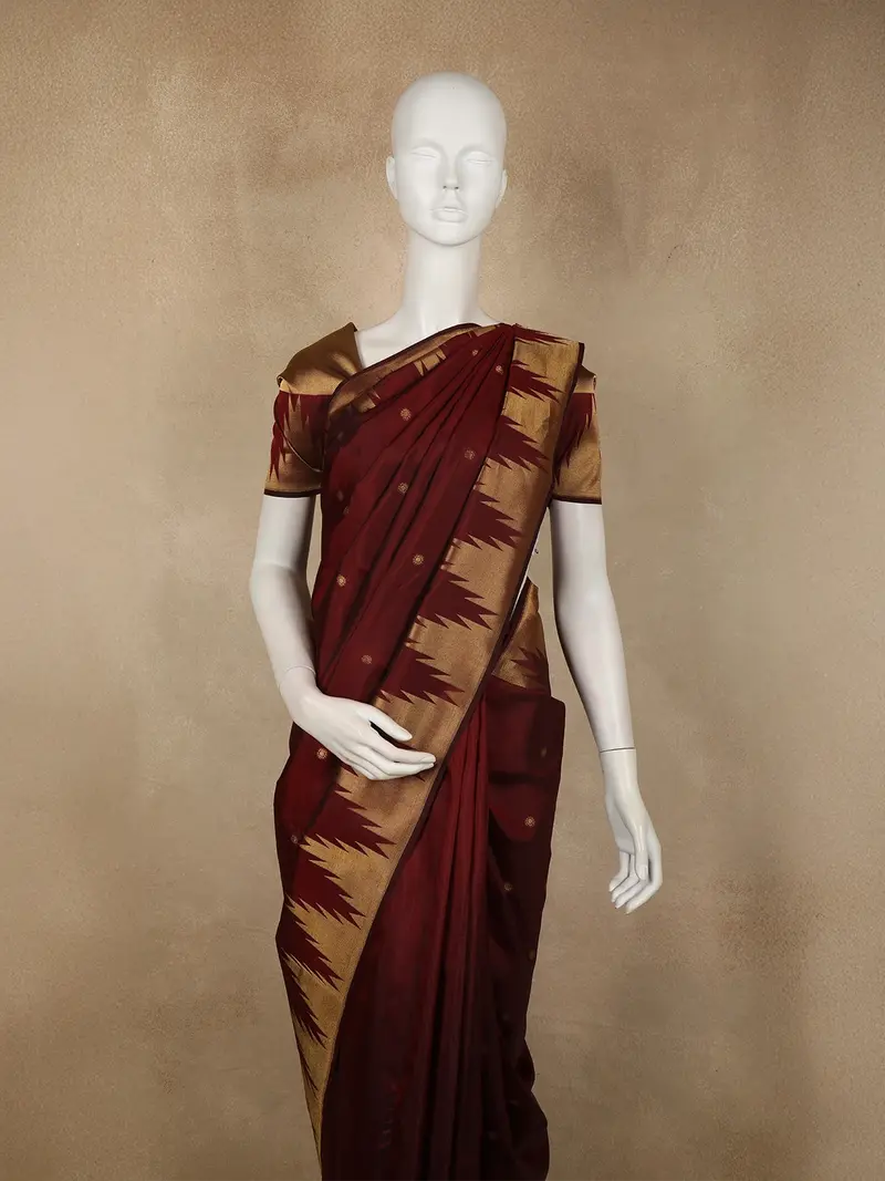 Burgundy Butta Woven Design Pure Kanchipuram Silk Saree With Temple Zari Border 2