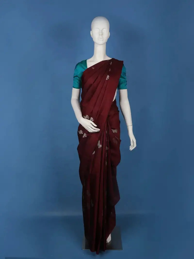Burgundy Butterfly Motif Woven Pure Kanchipuram Silk Saree 1