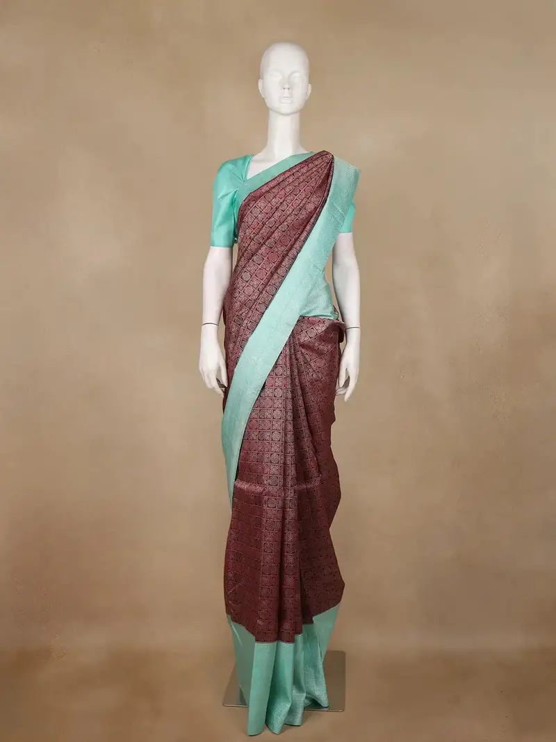 Burgundy Checks Woven Pure Kanchipuram Silk Saree 1