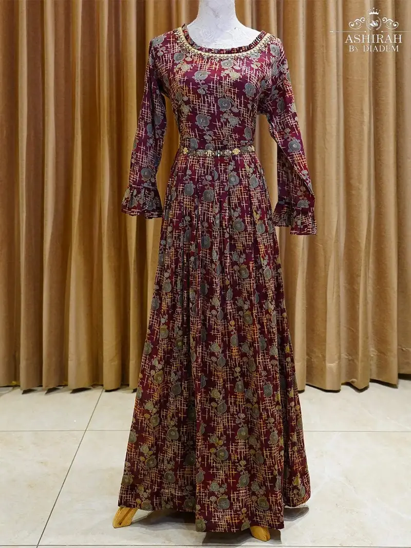 Burgundy Cotton Long Kurti Enhanced With Floral Prints 1