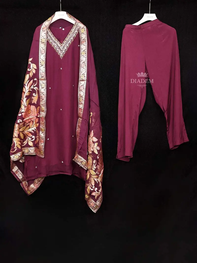 Burgundy Crepe Straight Cut Salwar Suit Adorned With Floral Embroidery Paired With Dupatta 1