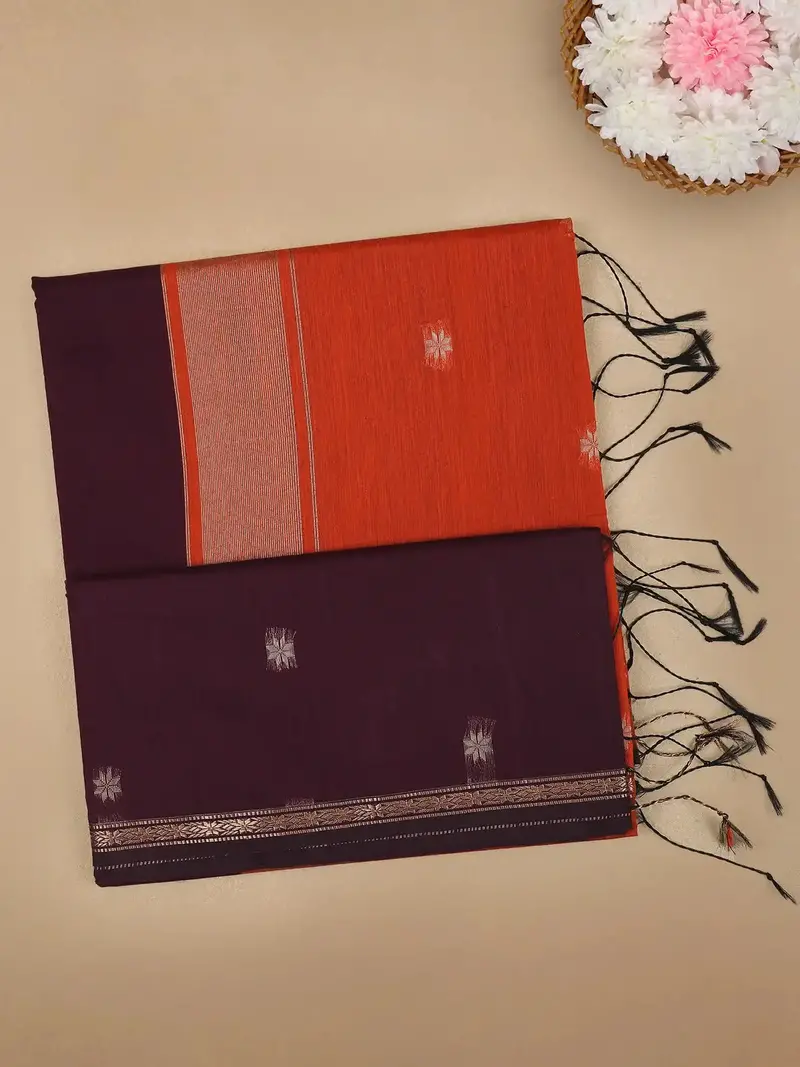 Burgundy Floral Butta Fancy Cotton Saree 1