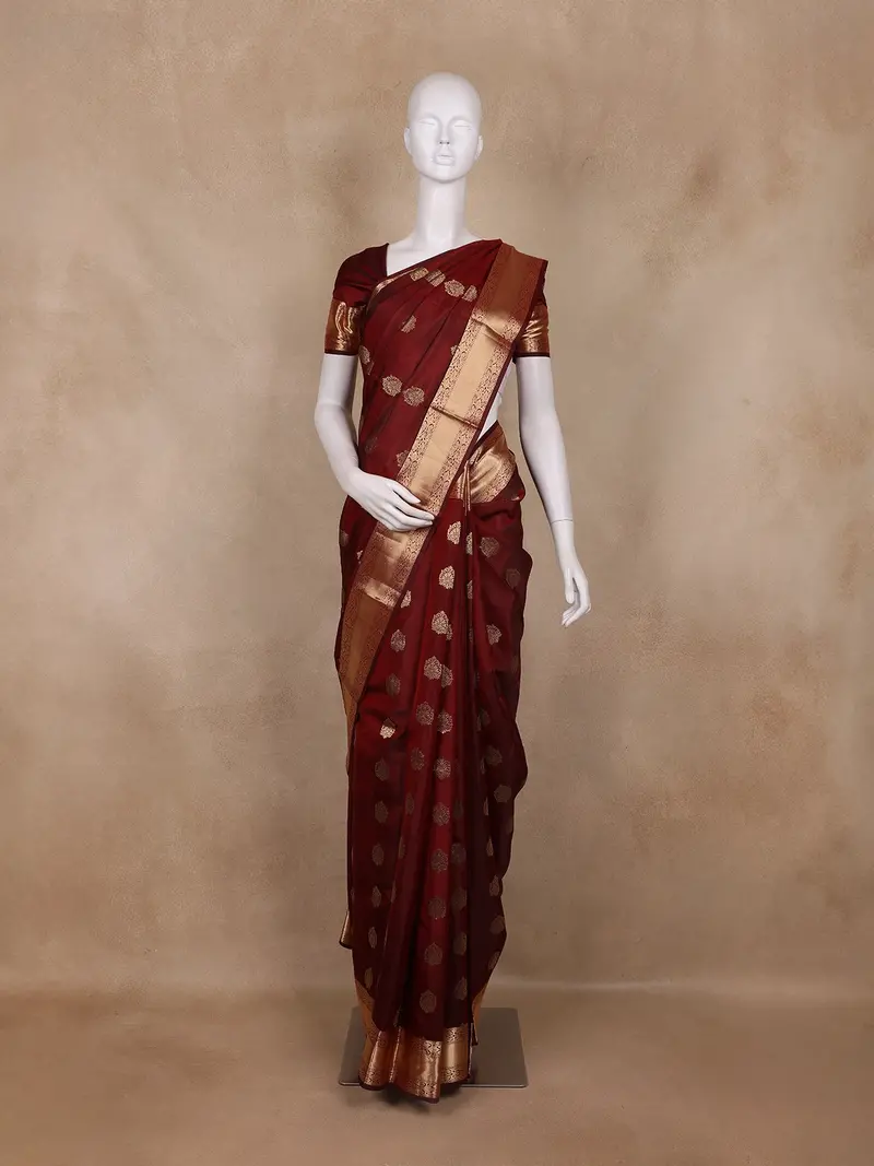 Burgundy Floral Butta Woven Kanchipuram Silk Saree With Zari Border 1