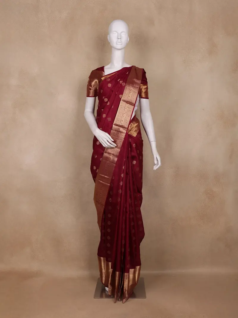 Burgundy Floral Butta Woven Kanchipuram Silk Saree With Zari Border 1