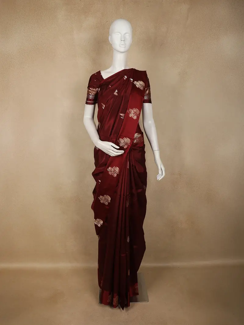 Burgundy Floral Butta Zari Woven Design Pure Banarasi Silk Saree With Designer Border 1