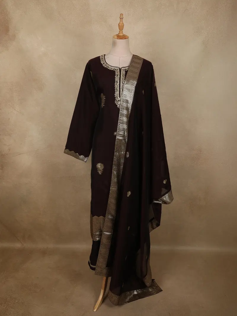 Burgundy Floral Butta Zari Woven Design Satin Straight Cut Salwar Suit With Dupatta 1