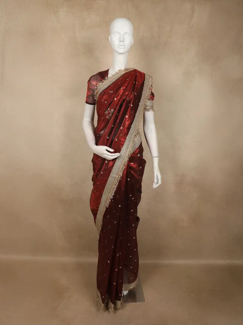 Burgundy Floral Butta Zari Woven Design Tissue Saree With Designer Lace Border 1