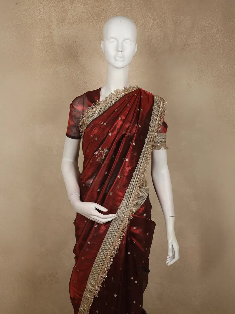 Burgundy Floral Butta Zari Woven Design Tissue Saree With Designer Lace Border 2