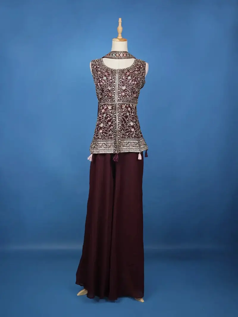 Burgundy Floral Design Georgette Palazzo Suit 1