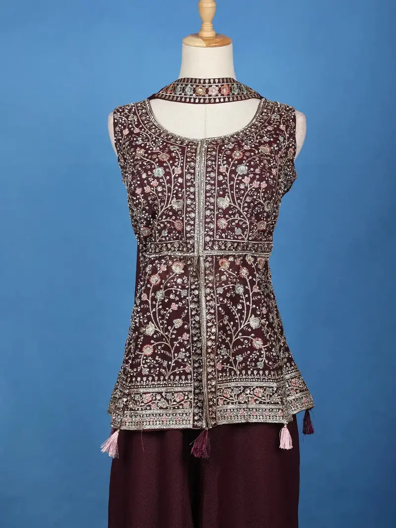 Burgundy Floral Design Georgette Palazzo Suit 2