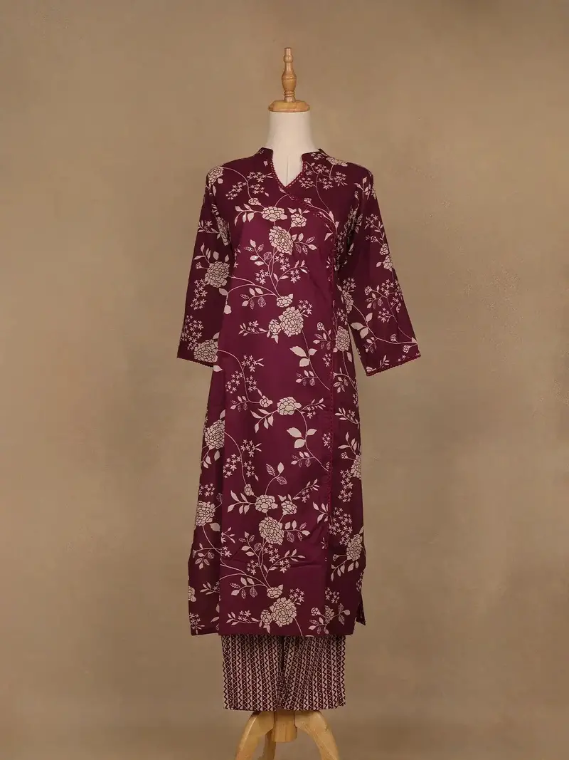Burgundy Floral Design Printed Cotton Salwar Suit 1