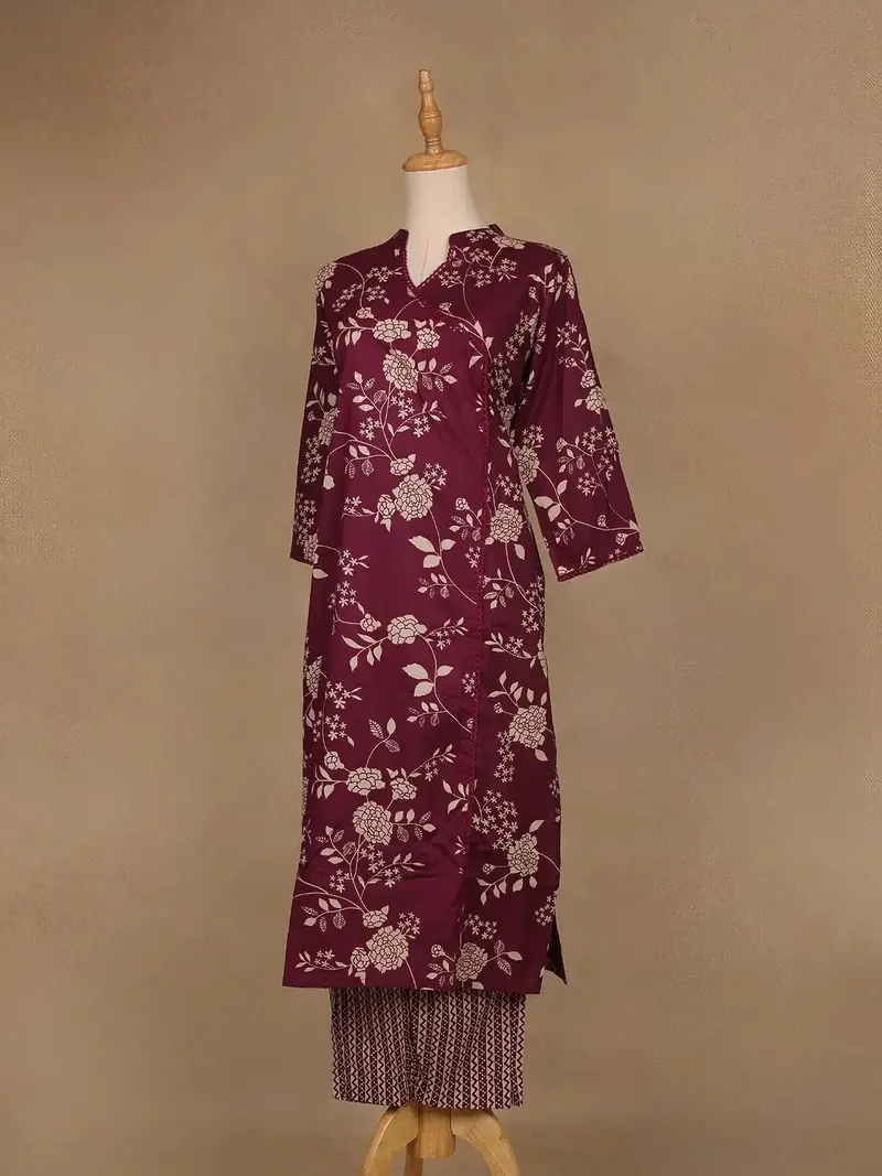 Burgundy Floral Design Printed Cotton Salwar Suit 3