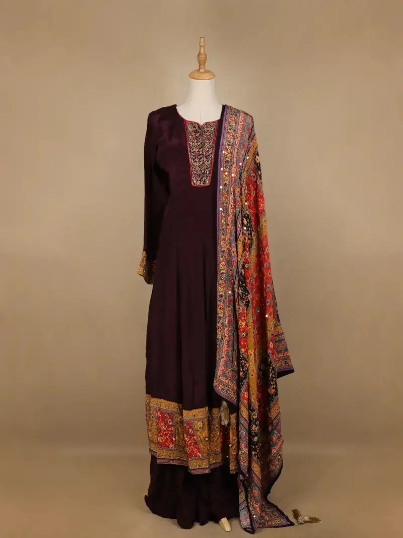 Burgundy Floral Designed Semi Silk Anarkali Salwar Suit 1