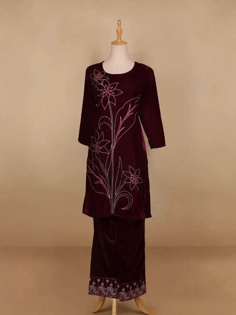Burgundy Floral Designed Velvet Co Ord Salwar Suit 1