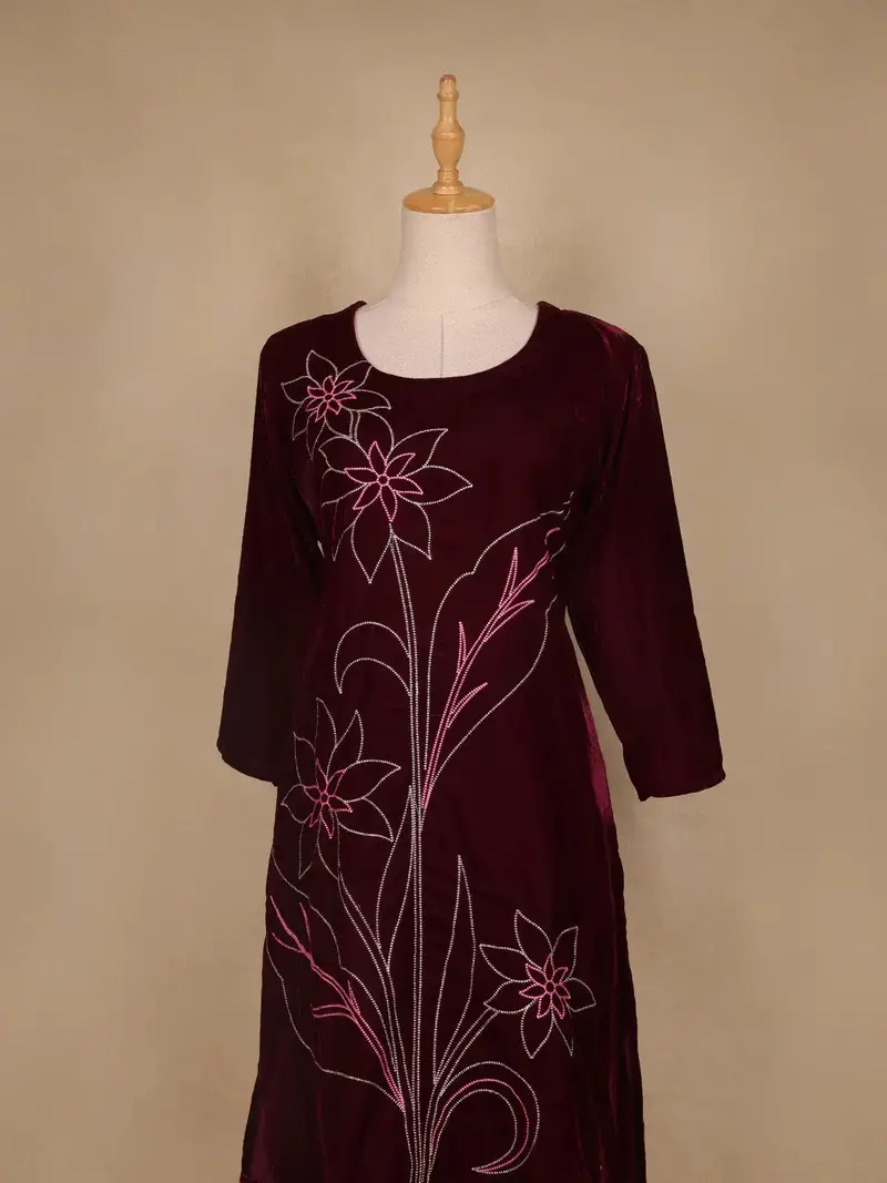 Burgundy Floral Designed Velvet Co Ord Salwar Suit 2