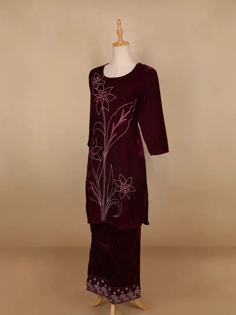 Burgundy Floral Designed Velvet Co Ord Salwar Suit 3