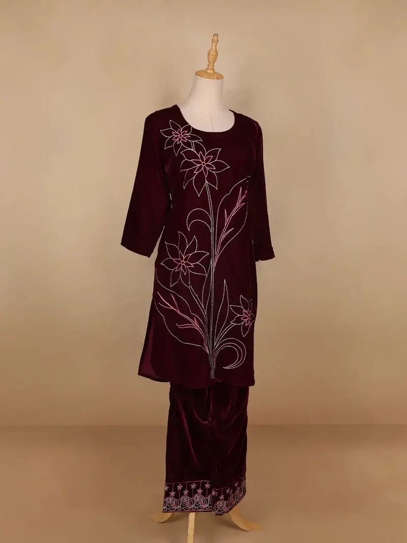 Burgundy Floral Designed Velvet Co Ord Salwar Suit 4
