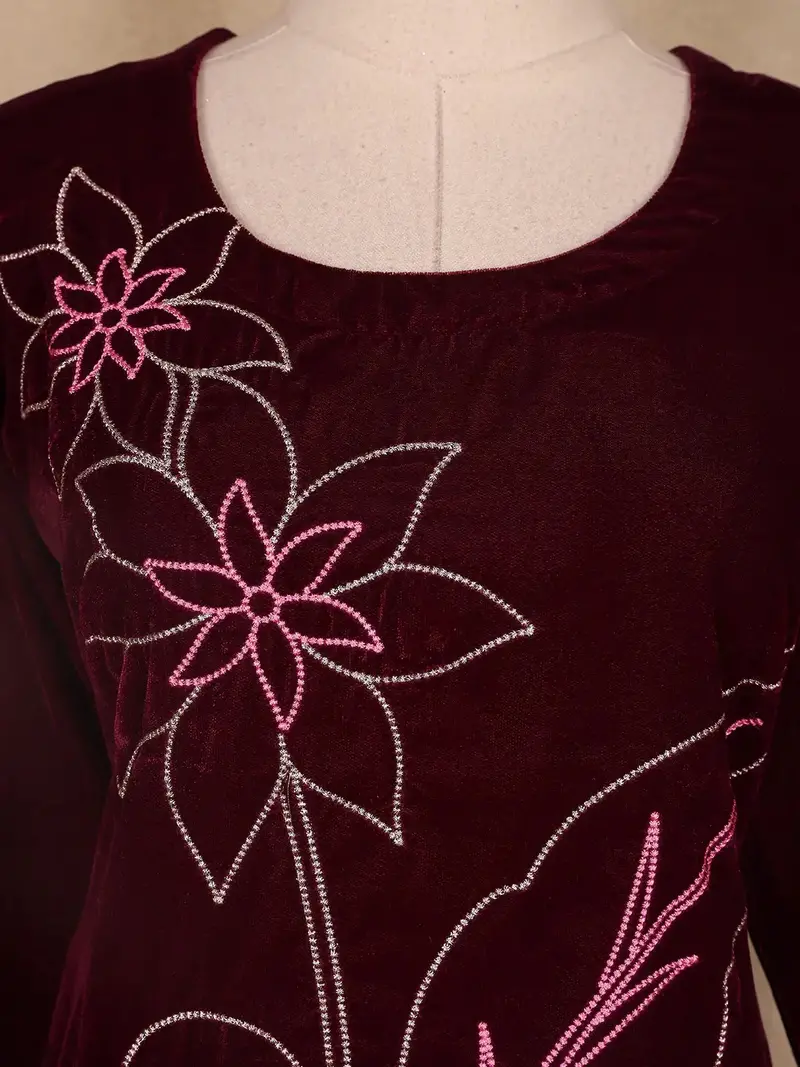 Burgundy Floral Designed Velvet Co Ord Salwar Suit 5