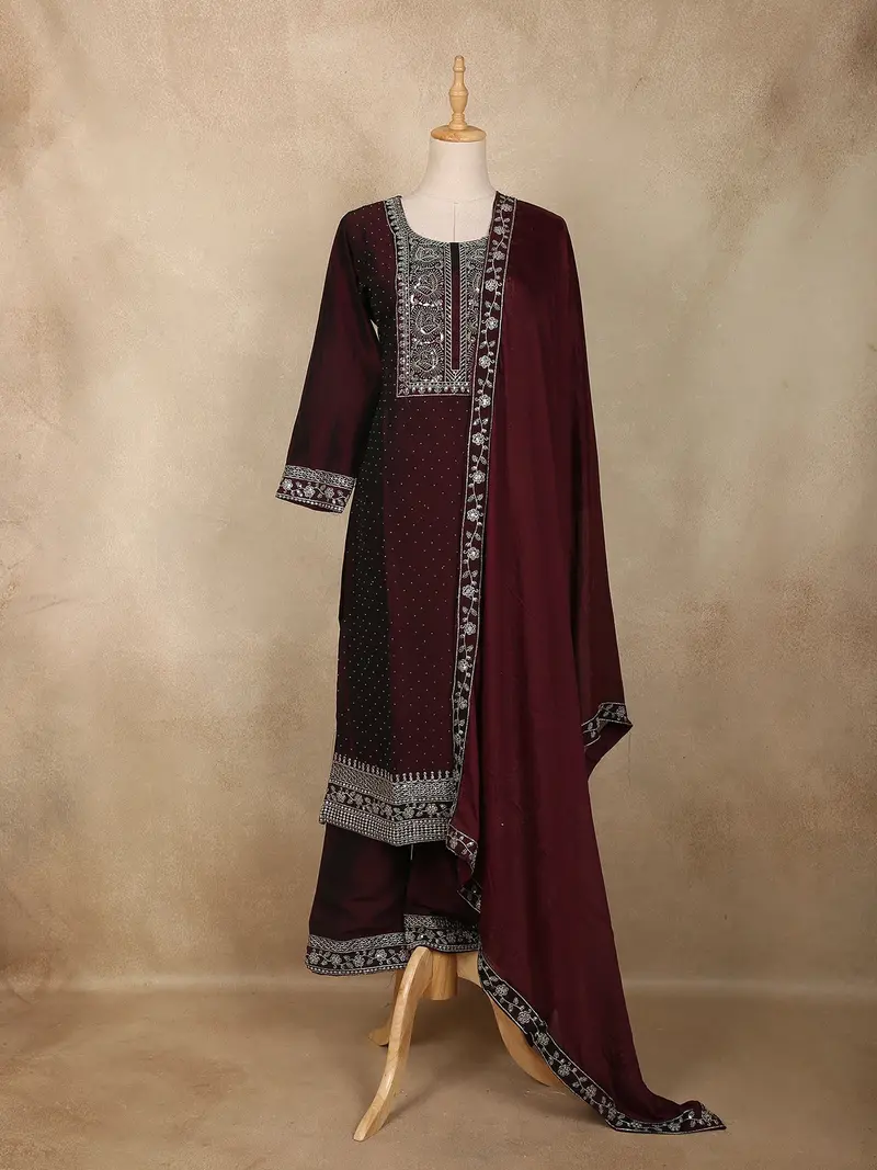 Burgundy Floral Embroidered Design Silk Blend Straight Cut Salwar Suit 1