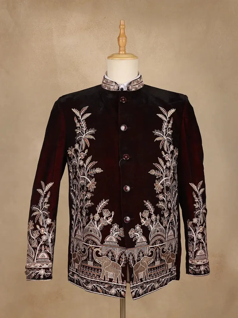 Burgundy Floral Embroidered Velvet Men's Suit 1