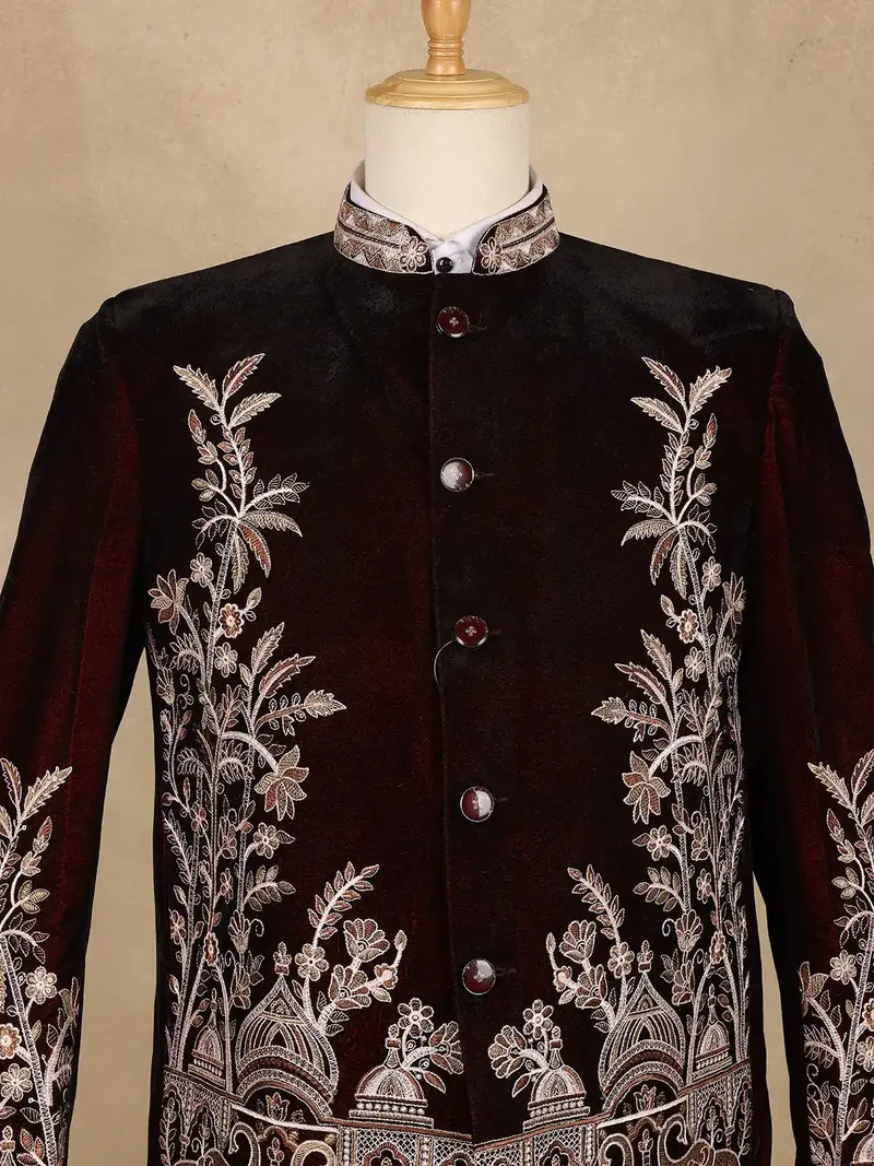 Burgundy Floral Embroidered Velvet Men's Suit 2