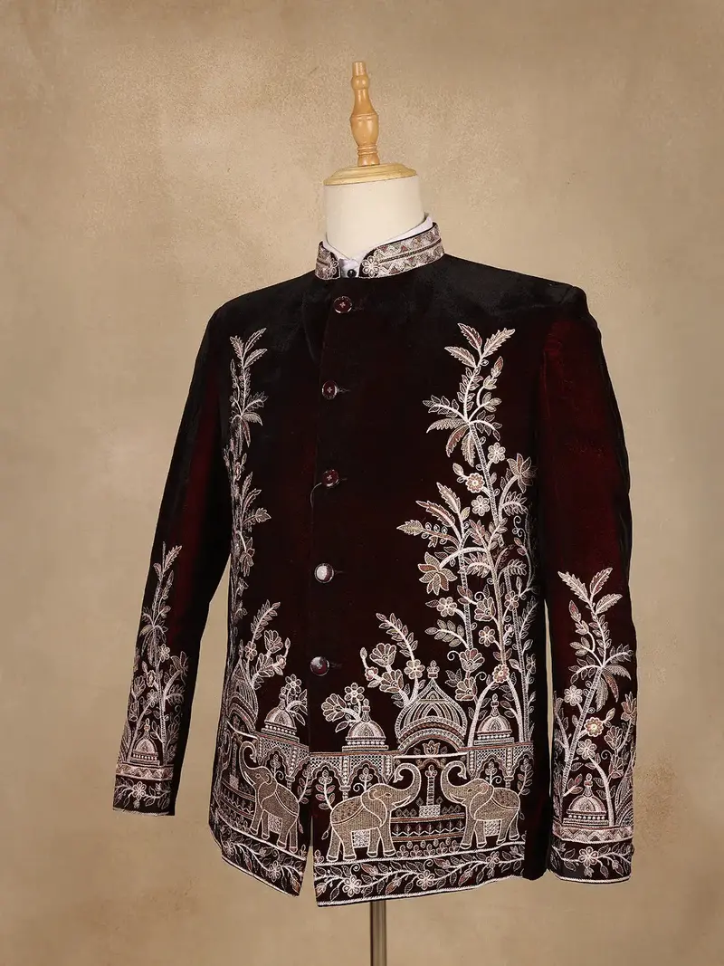 Burgundy Floral Embroidered Velvet Men's Suit 3