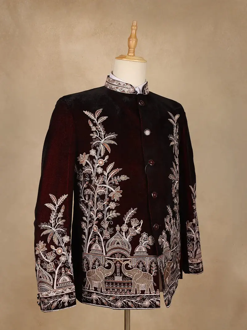 Burgundy Floral Embroidered Velvet Men's Suit 4