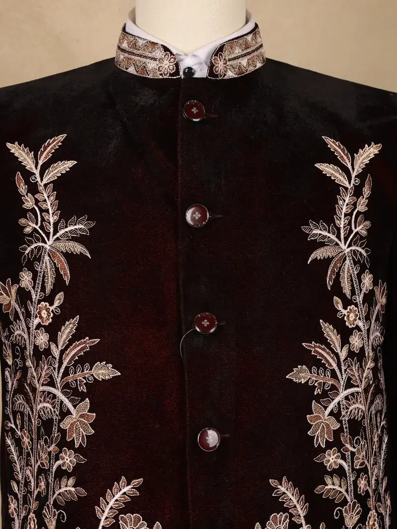 Burgundy Floral Embroidered Velvet Men's Suit 5