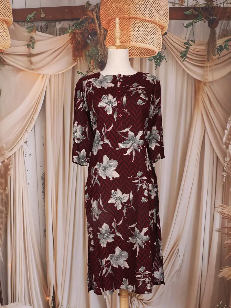 Burgundy Floral Printed Cotton Kurti 1