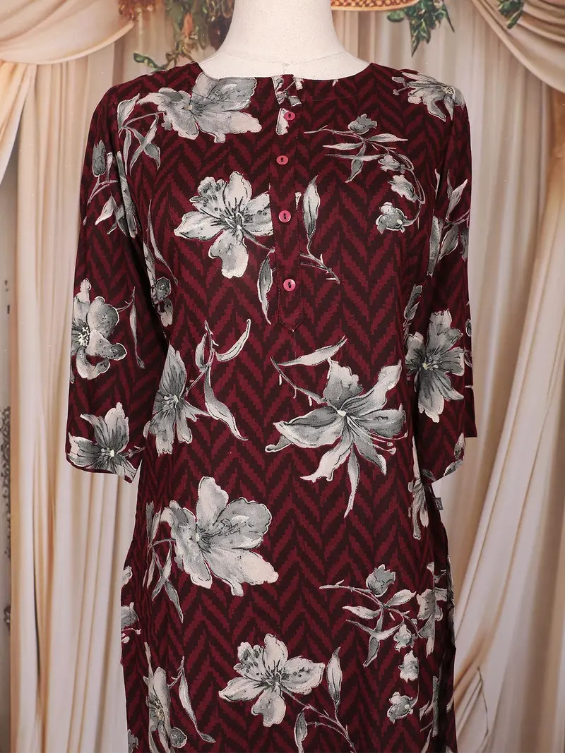 Burgundy Floral Printed Cotton Kurti 2