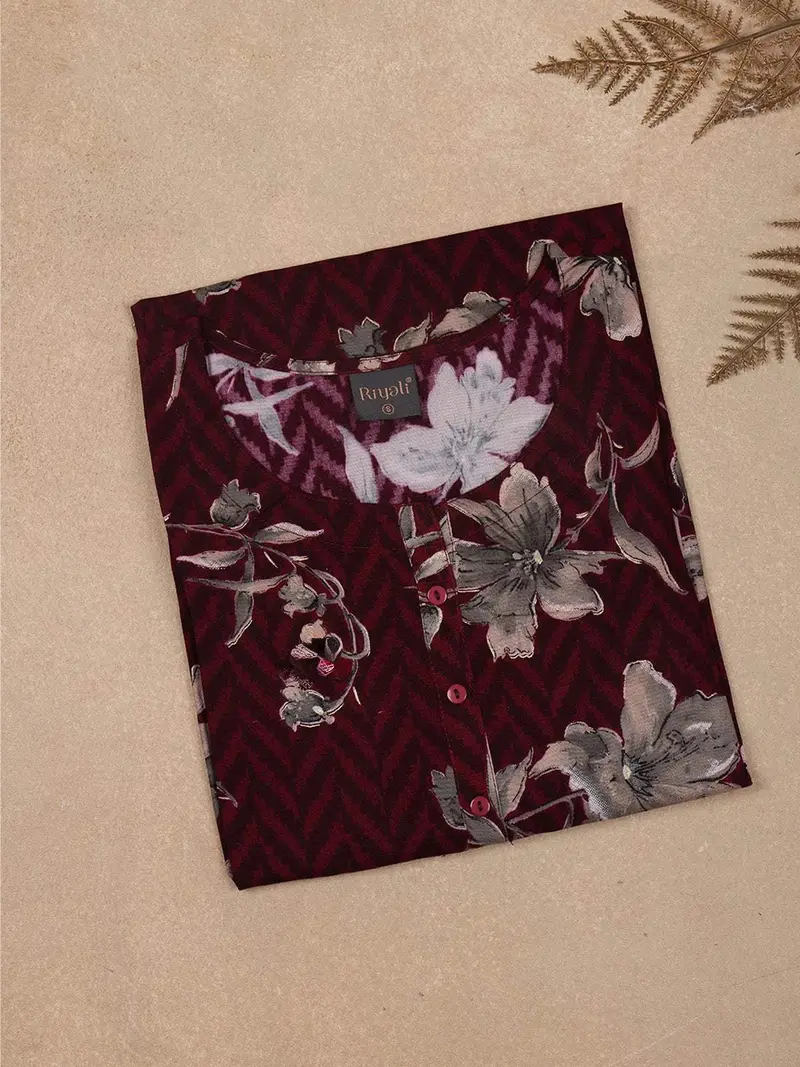 Burgundy Floral Printed Cotton Kurti 5