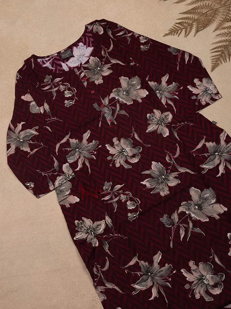 Burgundy Floral Printed Cotton Kurti 6