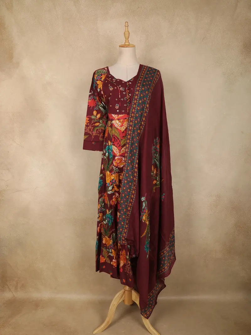 Burgundy Floral Printed Design Cotton Anarkali Salwar Suit With Dupatta 1