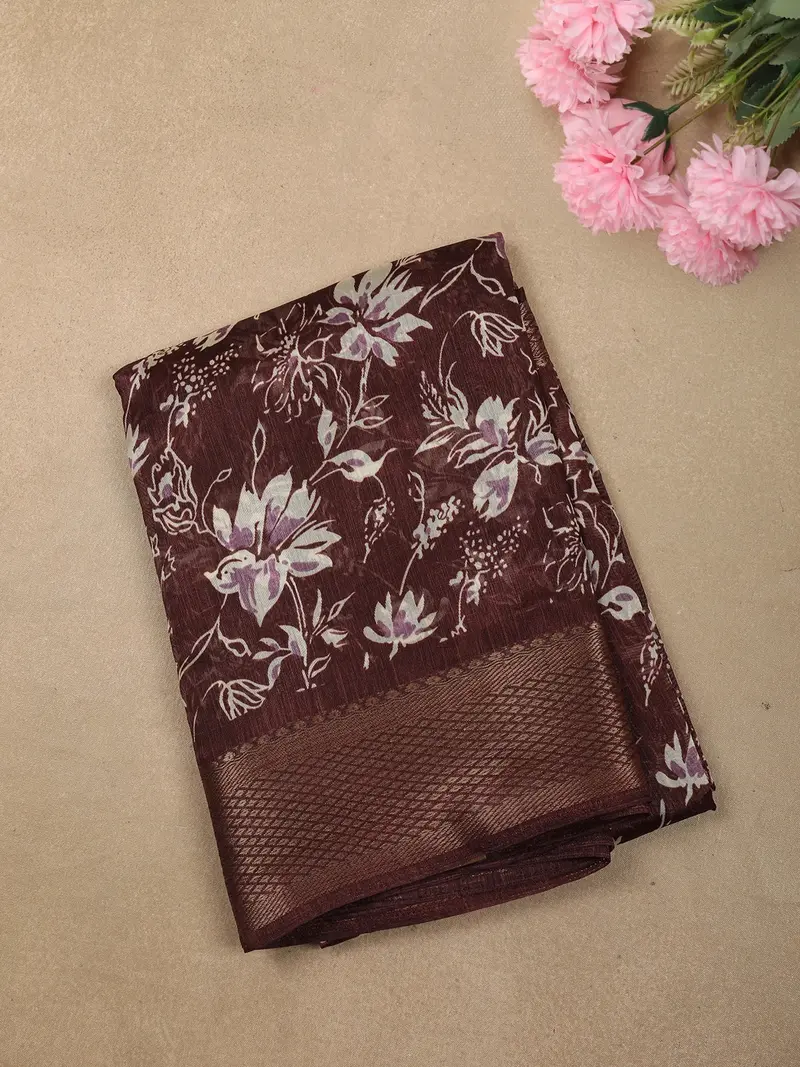 Burgundy Floral Printed Design Crepe Saree With Zari Border 1