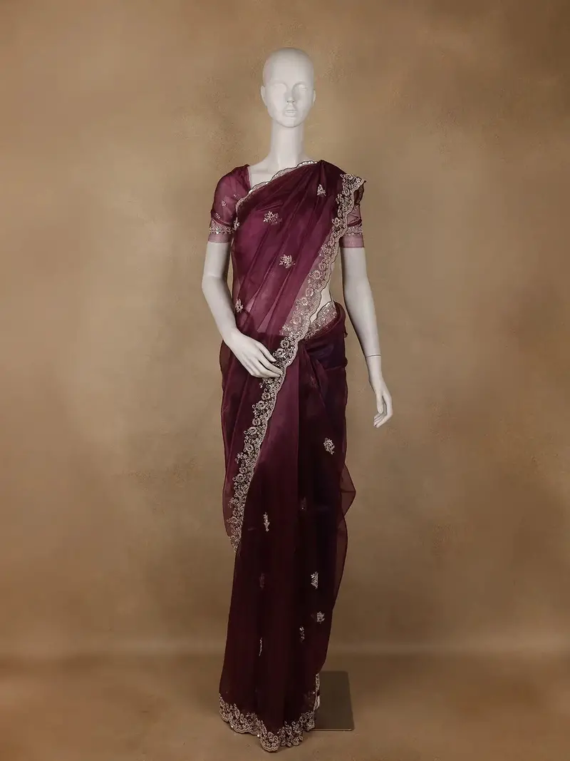 Burgundy Floral Sequins Designed Net Saree 1