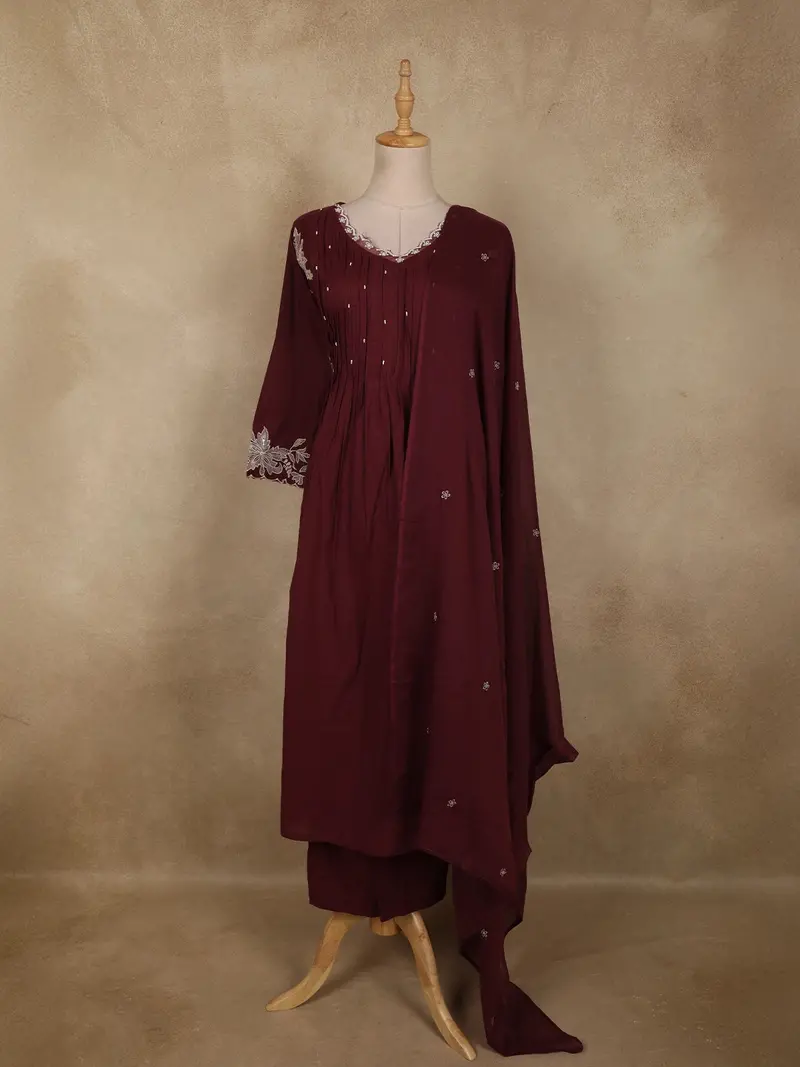 Burgundy Floral Thread Embroidered Design Cotton Salwar Suit With Dupatta 1