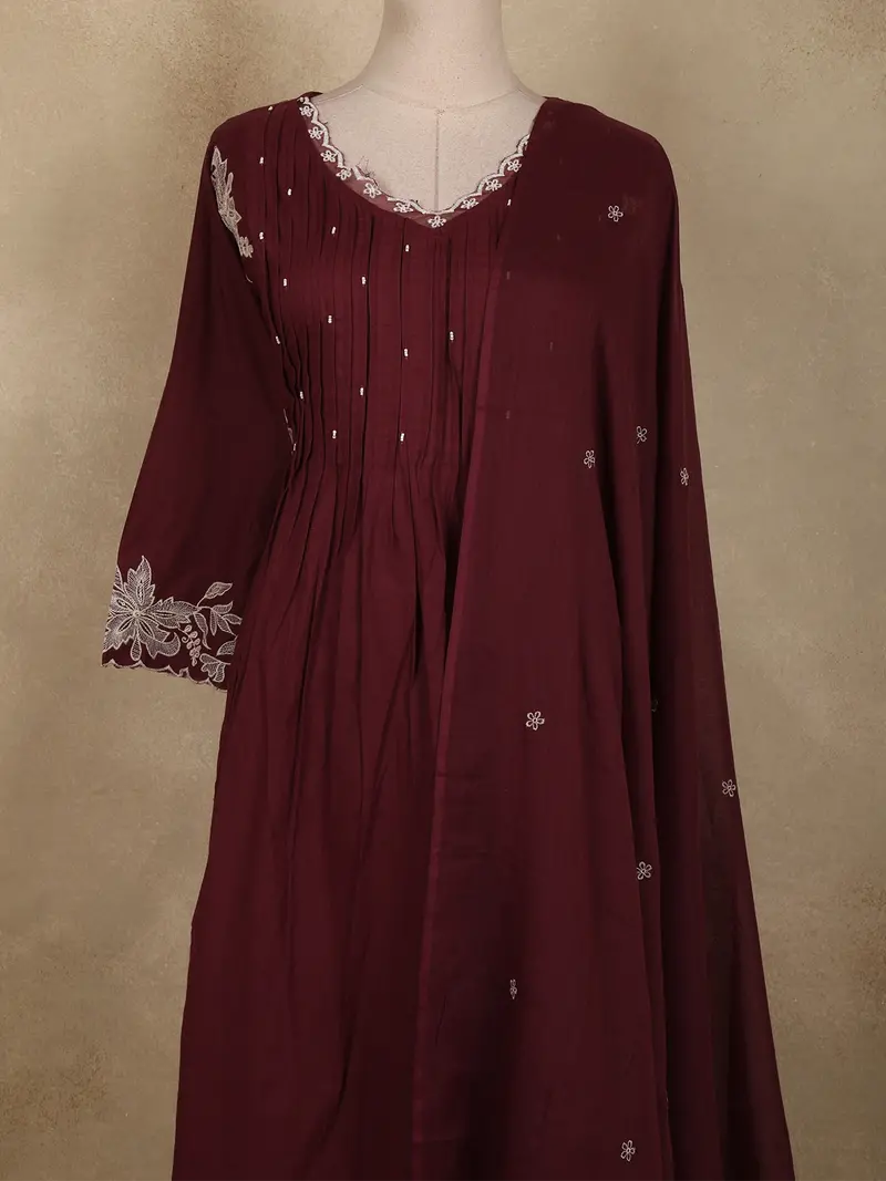Burgundy Floral Thread Embroidered Design Cotton Salwar Suit With Dupatta 2