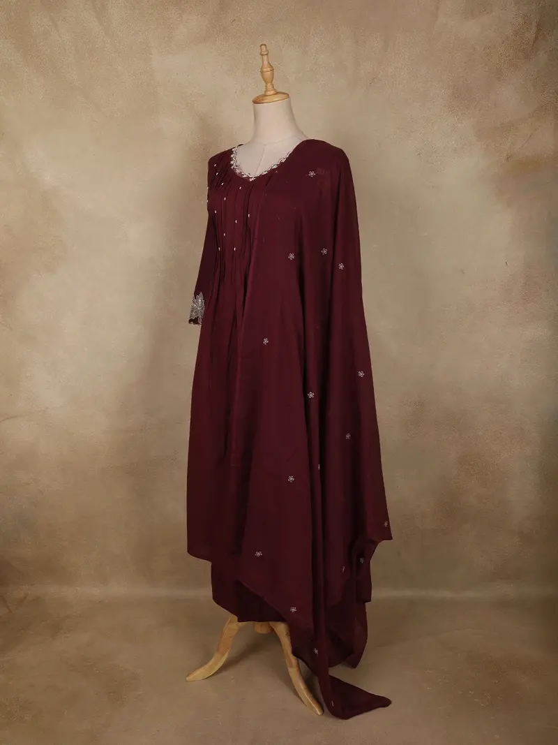 Burgundy Floral Thread Embroidered Design Cotton Salwar Suit With Dupatta 3