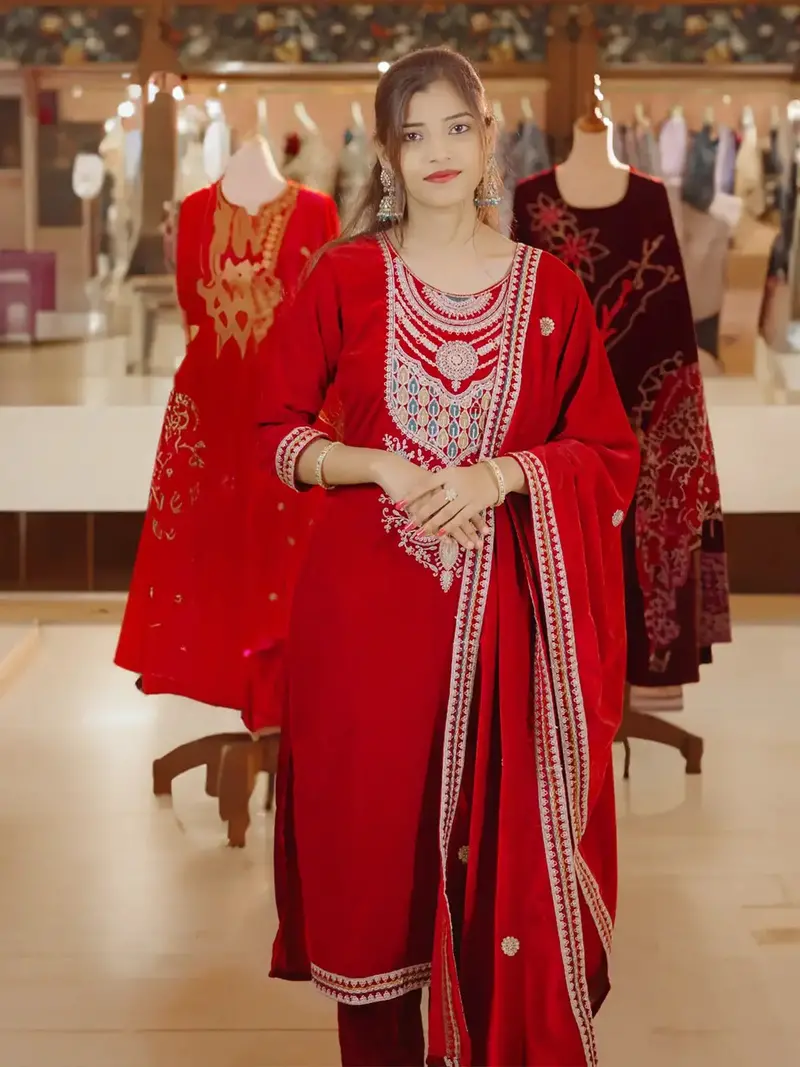 Burgundy Floral Thread Embroidery Velvet Salwar Suit 1