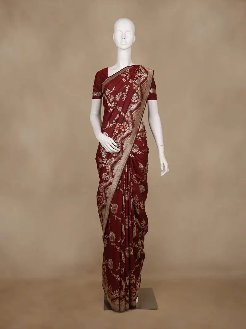 Burgundy Floral Woven Banarasi Silk Saree With Zari Border 1