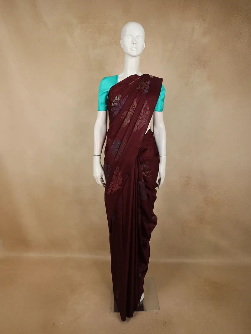 Burgundy Floral Woven Design Pure Kanchipuram Silk Saree 1