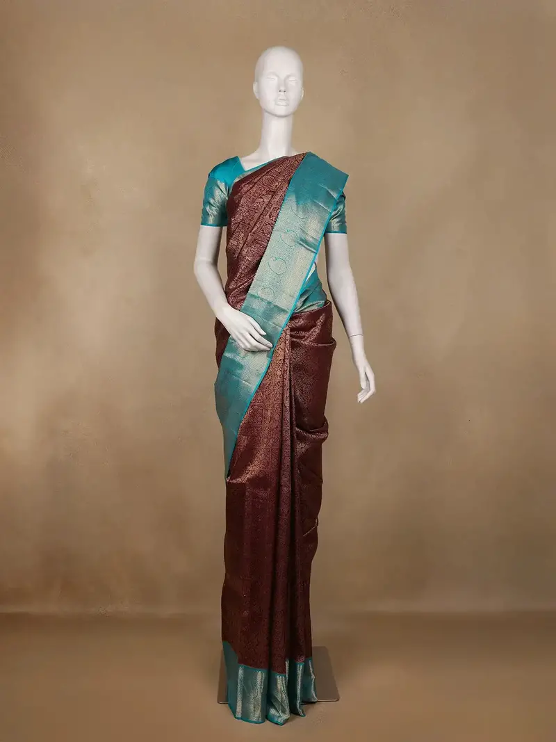 Burgundy Floral Woven Pure Kanchipuram Silk Saree 1