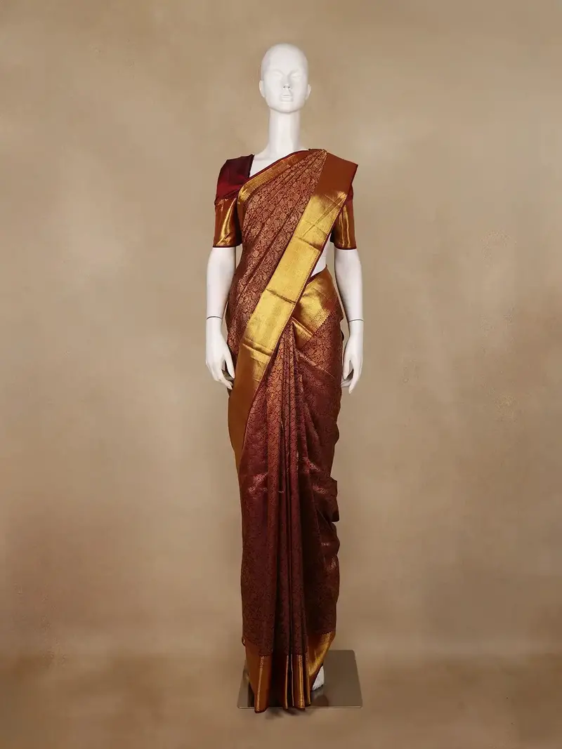 Burgundy Floral Woven Pure Kanchipuram Silk Saree 1