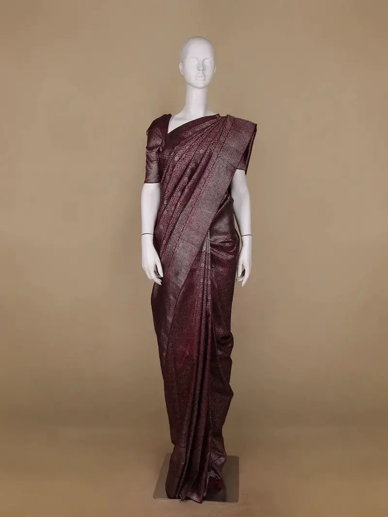 Burgundy Floral Woven Pure Kanchipuram Silk Saree 1