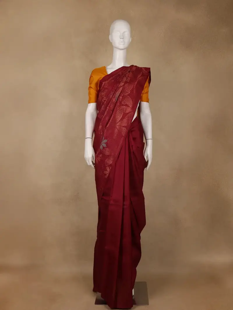 Burgundy Floral Woven Pure Kanchipuram Silk Saree 1