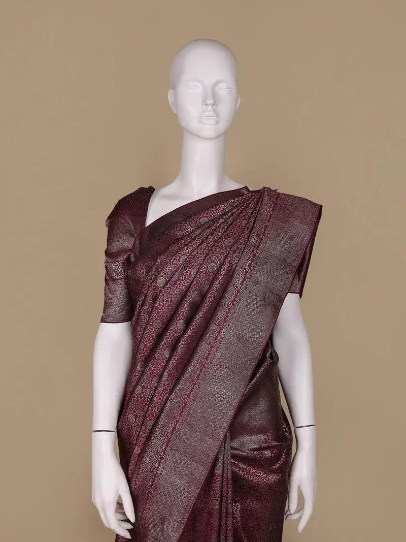 Burgundy Floral Woven Pure Kanchipuram Silk Saree 2