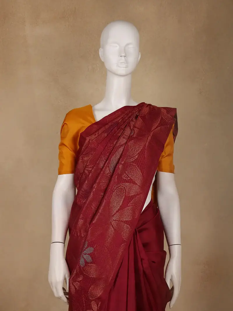 Burgundy Floral Woven Pure Kanchipuram Silk Saree 2
