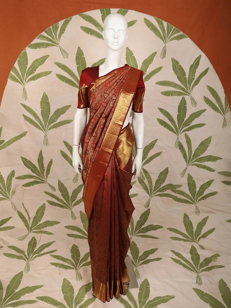 Burgundy Floral Zari Woven Design Pure Kanchipuram Silk Saree With Zari Border 1